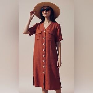 Vintage Tess‎ Dress Linen Button Front Midi Dress Pockets Red/Coral Size 8